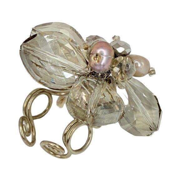 Glass Flower Statement Ring Sz 7 Bead Silver Cottagecore - Picture 12 of 15